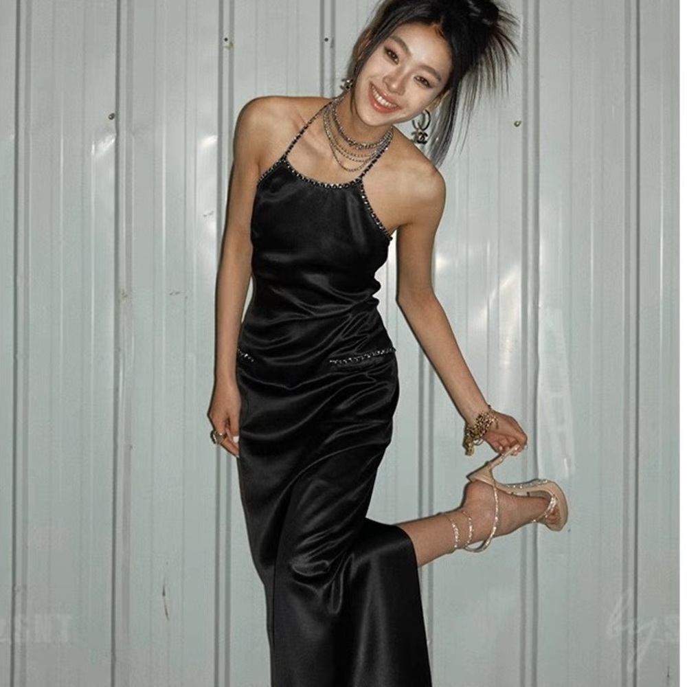 Brand new satin black backless dress